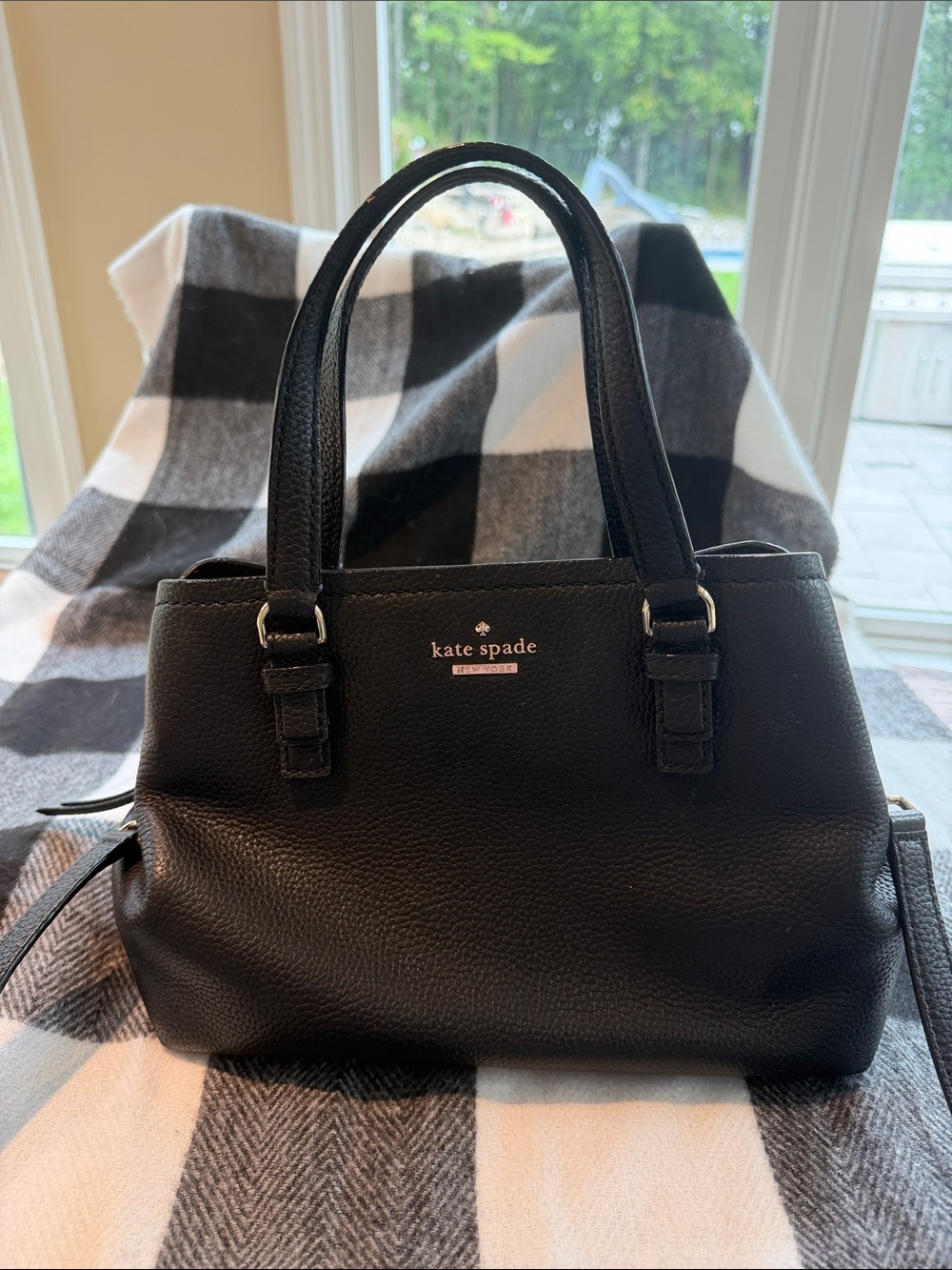 kate spade black pebbled leather satchel with top handles and crossbody strap